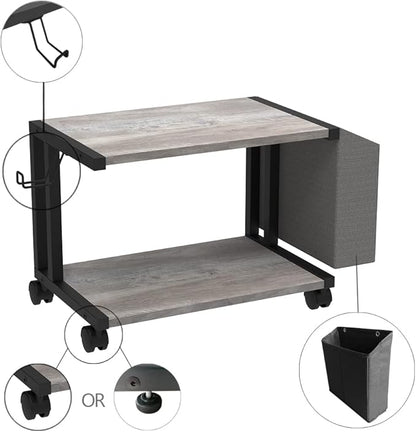 VEDECASA 2 Tier Vintage Greige Wooden Under Desk Printer Stand with Storage Bag for Home Office Desktop Printer Table Organizer Mobile Printer Shelf Cart with Caster Wheel