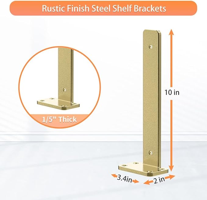 Floating Shelf Brackets upgraded, 10 inch, Gold Heavy Duty Iron Shelf Brackets, Industrial Modern Floating Shelf Support for Wall Mount Shelves,4 Pack, Wide Brackets ,Support DIY(5mm Thickening Type).