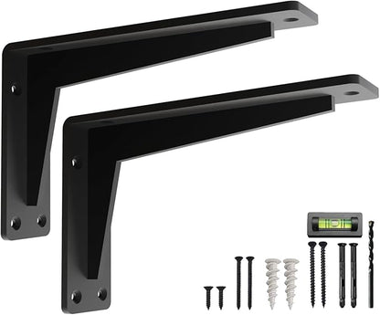 2 Pack Heavy Duty Shelf Brackets 10 Inch Mantel Decorative L Bracket for Shelves, Metal Shelf Support Bracket, Wall Mounted Granite Countertop Iron Corbels, Floating Black Shelving Brackets