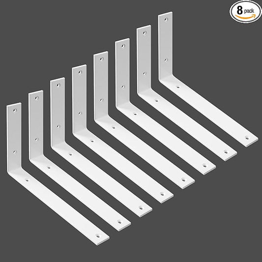 WINKER Shelf Bracket 8 Pack 8" Lx8 Hx1.5 W 5mm Thick Heavy Duty White 8 Inch Metal Iron L Brackets for Wall Shelves