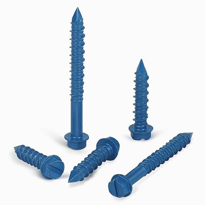 3/16" x 1-3/4" Concrete Screws, 100 PCS Blue Hex Washer Head Concrete Screws Anchor Kit with Drill Bit and Hex Bit Socket, for Masonry, Cement, Block, Brick or Stucco