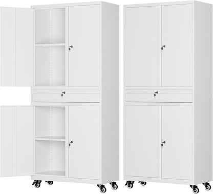 73" Metal Garage Storage Cabinet with Wheels， Rolling Tool Storage with Locking Doors， Adjustable Shelves and Drawer, Heavy Duty Steel Tool Cabinet for Garage, Warehouse, School(White)