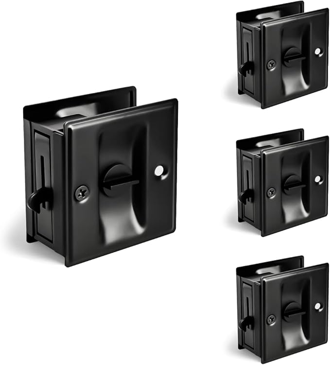 HOMOTEK 4 Pack Privacy Pocket Door Lock Hardware with Pull Pocket & Bi-Fold Door Hardware- Replace Old Or Damaged Sliding Door Locks Quickly and Easily, 2-3/4”x2-1/2”, for 1-3/8” Thickness Door, Black