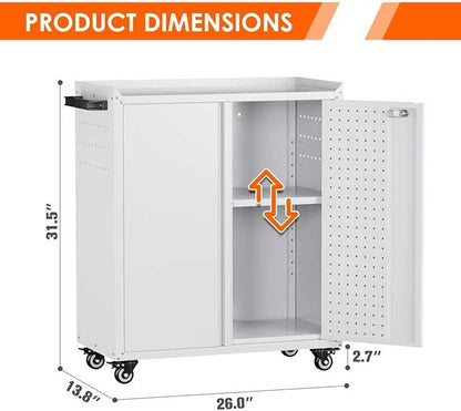 31.5" H Garage Storage Cabinet with Wheels, Lockable Metal Storage Cabinet with Doors and Shelf, Pegboard and 4 Hooks for Garage, Home, Workshops, Assembly Required, White