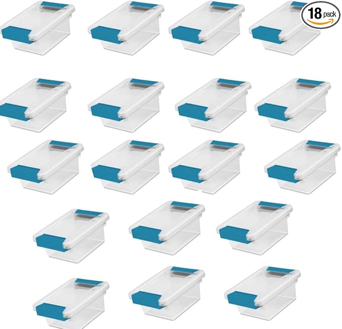 Sterilite 18-Pack Clip Box, Stackable Clear Plastic Bins with Latching Lids, Mini - Writing, Arts or Crafts Supplies Storage Containers for Home, Office, Classroom and Workshop Organization