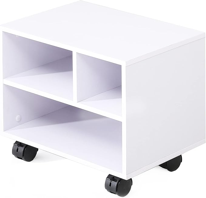 FITUEYES Under Desk Printer Stand with 3 Storage Organizer Compartments, White Mobile Small Printer Table Work Cart on Removable Casters for Home Office, 15.7 in. W x 11.8 in. D x 13.8 in. H