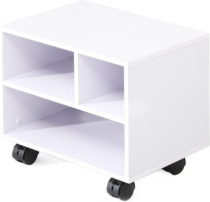 FITUEYES Under Desk Printer Stand with 3 Storage Organizer Compartments, White Mobile Small Printer Table Work Cart on Removable Casters for Home Office, 15.7 in. W x 11.8 in. D x 13.8 in. H