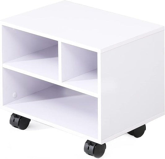 FITUEYES Under Desk Printer Stand with 3 Storage Organizer Compartments, White Mobile Small Printer Table Work Cart on Removable Casters for Home Office, 15.7 in. W x 11.8 in. D x 13.8 in. H