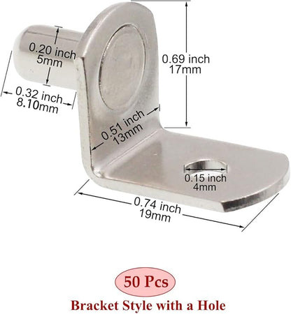 Shelf Support Pegs, 50 Pcs Shelf Pegs with Hole, 5mm (1/5 inch) Cabinet Shelf Bracket Pegs, L-Shaped Nickel Plated Shelf Pins Holders for Bookcase Kitchen Closet Shelf Shelves Furniture Cabinet