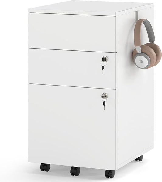 Giantex 3-Drawer File Cabinet with Lock, 27-Inches Storage Cabinet with 2 Side Hooks, Mobile Printer Stand, Wheels, 4 Keys, Vertical Filing Organizer fits Letter/A4 Size for Home Office (White)