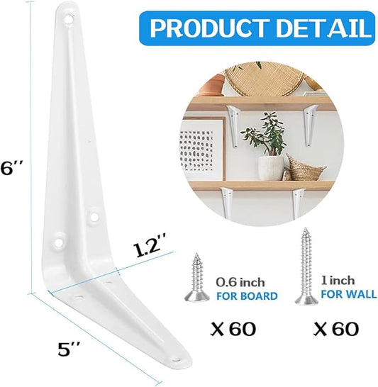 20 Pack Shelf Brackets 6 Inches White, Heavy Duty Steel Metal L Brackets for Shelves, J Brackets Wall Angel Corner Brace for Wood Board