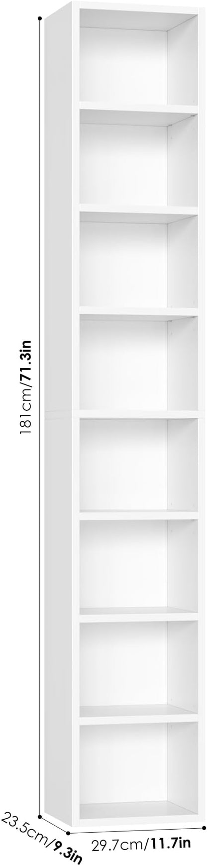 FOTOSOK 2 Pcs 71'' Tall Narrow Bookshelf, 8-Tier Media Tower Rack Set of 2, CD DVD Storage Cabinet with Adjustable Shelves, Tall Narrow Bookcase Skinny Display Bookshelf Slim Shelf, White