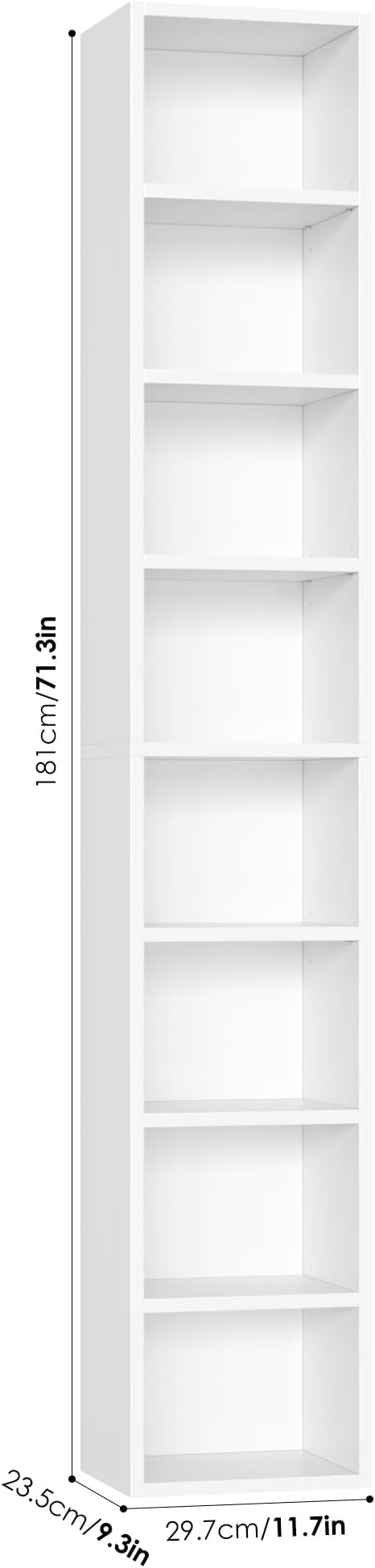 FOTOSOK White Bookshelf 8-Tier Media Tower Rack, 11.6 X 9.3 X 70.9 Inches CD DVD Slim Storage Cabinet with Adjustable Shelves, Tall Narrow Bookcase Display Bookshelf for Home Office, White