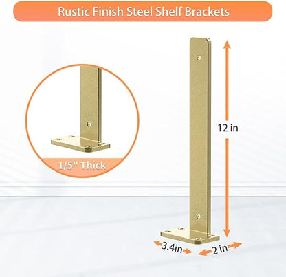 Floating Shelf Brackets Upgraded,12 inch, Gold Heavy Duty Iron Shelf Brackets, Industrial Modern Floating Shelf Support for Wall Mount Shelves,Wide Brackets ,4 Pack, Support DIY(5mm Thickening Type).