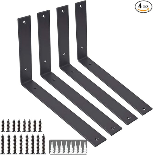 Shelf Brackets 12 Inch Wall L Brackets 4PCS Heavy Duty for Shelves Metal Black Rustic Industrial Brackets for DIY Opening Shelves Project Hardware Included