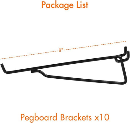 G.CORE Pegboard Shelf Hooks, 10-Pack 8" Black Peg Board Brackets, Organizer Accessories, Various Tools Storage Arrange System for Garage, Craft, Workshop, Workbench