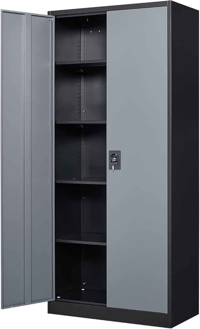 Metal Garage Storage Cabinet, 71" Tall Cabinet with 4 Adjustable Shelves, Metal File Cabinets with Lockable Doors for Garage, Home Office, Gym, School, Utility Room (Grey Black, Assembly)