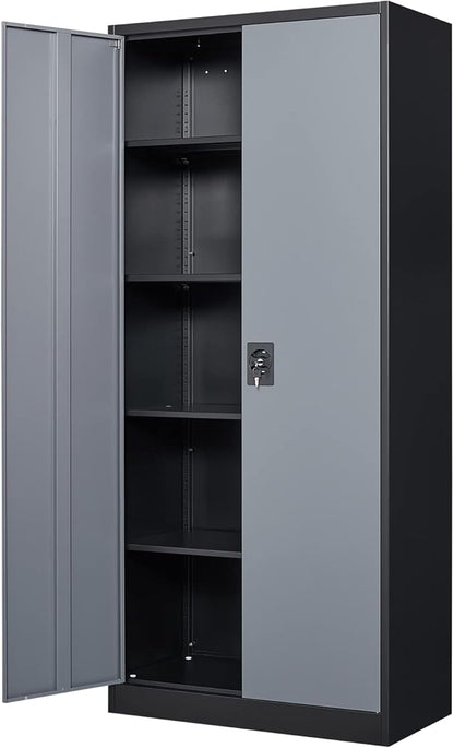 Metal Garage Storage Cabinet, 71" Tall Cabinet with 4 Adjustable Shelves, Metal File Cabinets with Lockable Doors for Garage, Home Office, Gym, School, Utility Room (Grey Black, Assembly)