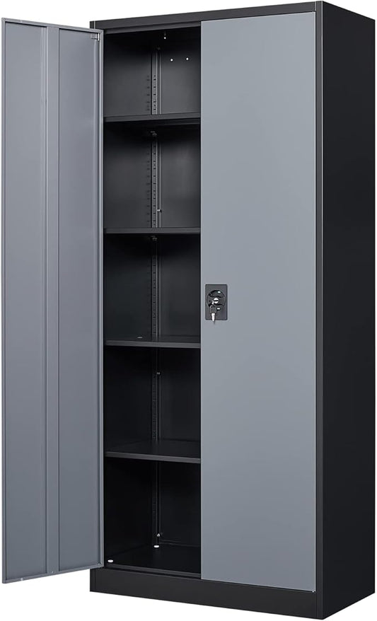 Metal Garage Storage Cabinet, 71" Tall Cabinet with 4 Adjustable Shelves, Metal File Cabinets with Lockable Doors for Garage, Home Office, Gym, School, Utility Room (Grey Black, Assembly)