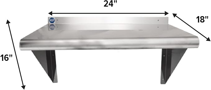 NSF Certified 18 Gauge Heavy Duty Stainless Steel Wall Shelf with Brackets for Kitchens, Utility Rooms, Storage, Offices & Home (24"x18")