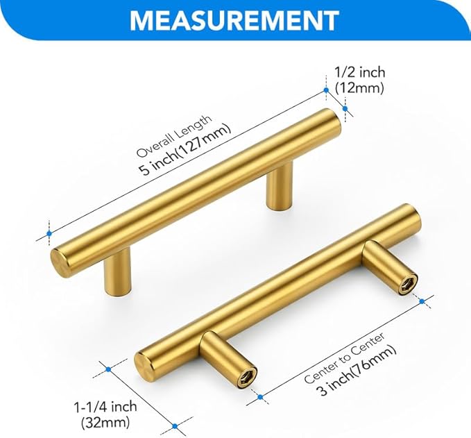 Brushed Brass Cabinet Handles 3 Inch Hole Spacing Stainless Steel Drawer Pulls for Cabinets, Dresser, Bathroom 45 Pack