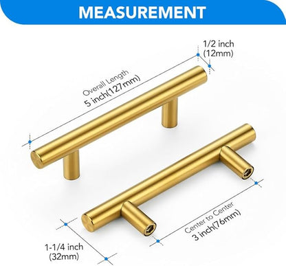 Brushed Brass Cabinet Handles 3 Inch Hole Spacing Stainless Steel Drawer Pulls for Cabinets, Dresser, Bathroom 45 Pack