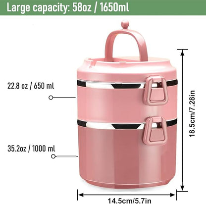 SANQIAHOME 2 Tier Stackable Stainless Steel Lunch Box Sealed(pink, 2 layers) with spoon and fork