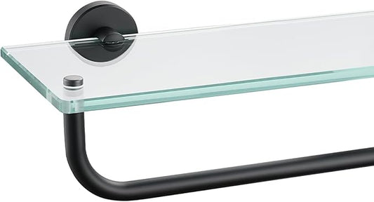 JQK Bathroom Glass Shelf, Shelf with 19 Inch Towel Bar Tempered Glass Shower Storage 20 by 5 inches, 304 Stainless Steel Matte Black Wall Mount, TGS100L20-PB