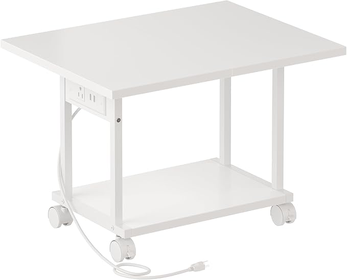 Printer Table, 2-Tier Under Desk Printer Stand with Charging Station, Printer Stand with Wheels, PrinterShelf for Small Spaces, Printer Cart for Home Office White
