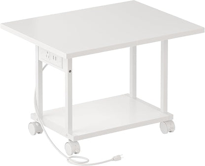 Printer Table, 2-Tier Under Desk Printer Stand with Charging Station, Printer Stand with Wheels, PrinterShelf for Small Spaces, Printer Cart for Home Office White