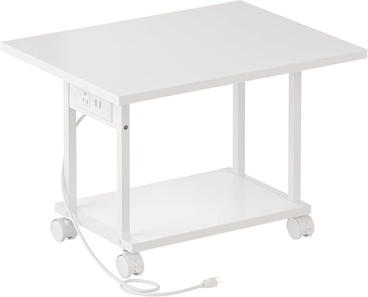 Printer Table, 2-Tier Under Desk Printer Stand with Charging Station, Printer Stand with Wheels, PrinterShelf for Small Spaces, Printer Cart for Home Office White