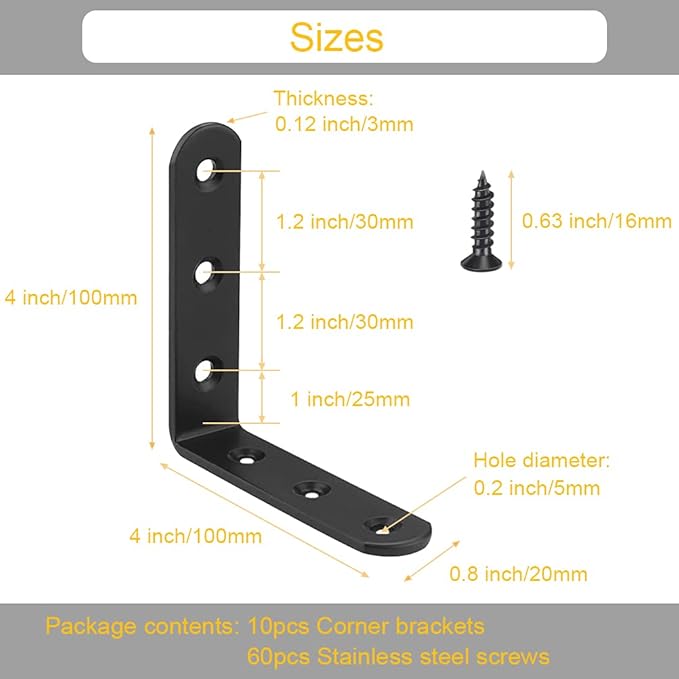 10Pcs Black L Bracket Corner Braces 4 Inch Stainless Steel Heavy Duty Shelf Bracket for Wood, Shelves, Wall Hanging Support 90 Degree Joint Right Angle Brackets with Screws