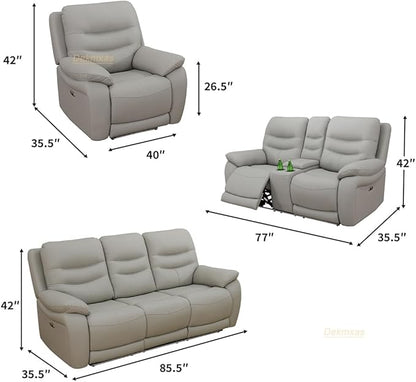 Power Reclining Sofa Set, Living Room Furniture Sets, 2-Piece Light Grey Breathing Leather Sofa and Chair with 3 Recliner Seats/Cup Holder/LED Light/USB Port for Living Room, Apartment, Office