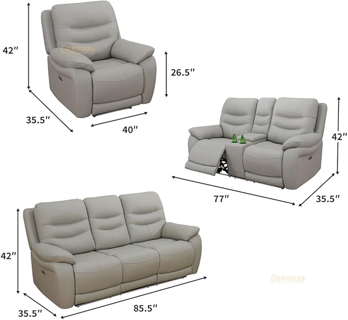 Living Room Furniture Set,3PCS Power Recliner Sofa Light Grey Breathing Leather Sofa Loveseat and Chair with 5 Recliner Seats/Storage Console/Cup Holder/LED Light/USB Port for Apartment,Office