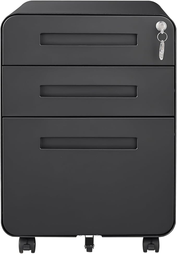 GarveeHome 3 Drawer Mobile File Cabinet with Lock, Under Desk Metal Filing Cabinet for Home Office, Under Desk Storage with 5 Wheels for A4/Letter/Legal Size, Fully Assembled