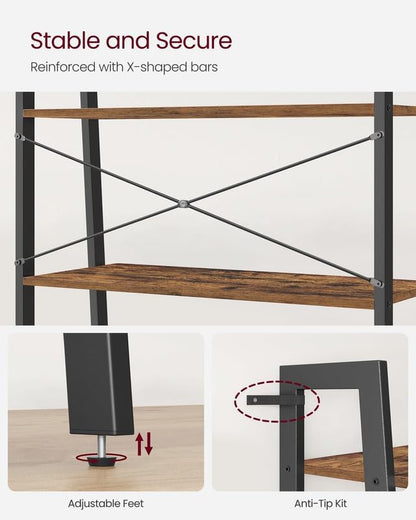 VASAGLE Ladder Shelf, 4-Tier Bookshelf, Storage Rack, Bookcase with Steel Frame, for Living Room, Home Office, Kitchen, Bedroom, Industrial Style, Rustic Brown and Ink Black ULLS144B01