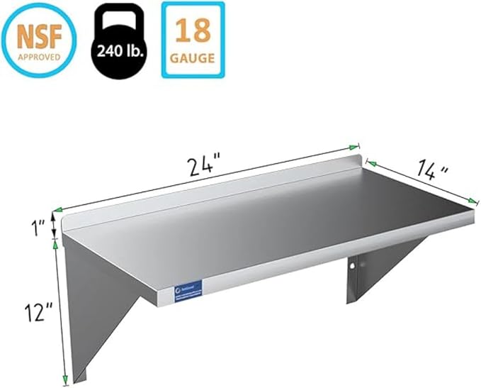 Stainless Steel Wall Shelf | Square Edge | Metal Shelving | Heavy Duty | Commercial Grade | Wall Mount | NSF Certified (14” Width x 24” Length)