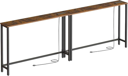 HOOBRO 2 Pack 5.9" Narrow Console Sofa Table with Power Outlets, 47.2" Long Behind Couch Table with Charging Station, Skinny Sofa Table for Living Room, Foyer, Rustic Brown BF15XGP201G1