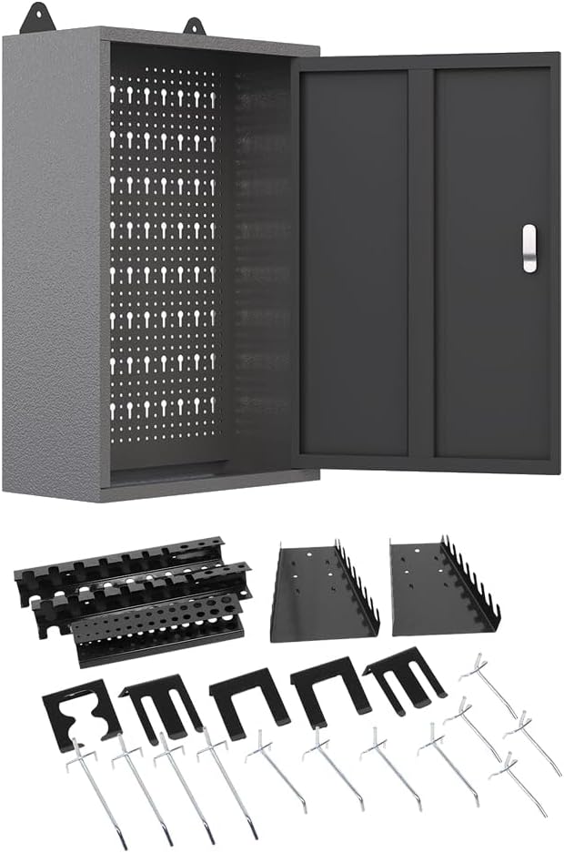 JZD Metal Storage Wall Mounted Lockable Cabinet with 22 Tool Hooks, for Garage Basement Workshop, Black & Gray