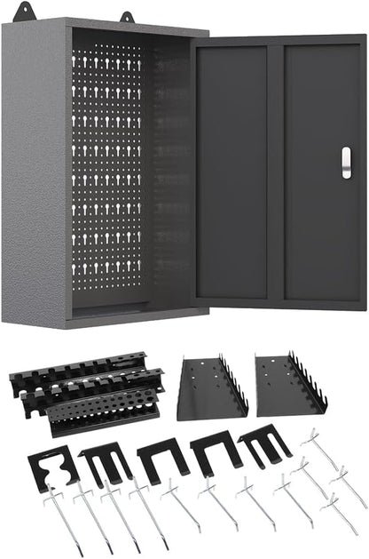 JZD Metal Storage Wall Mounted Lockable Cabinet with 22 Tool Hooks, for Garage Basement Workshop, Black & Gray