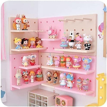 HGYZE Peg Boards for Wall with Shelf & Hooks, No Punching Craft Storage, Small Pegboard Ledges Organizer for Hanging Keychains, 4 Pack Decorative Wall Panel Kits for Blindboxes Lightweight Dolls, Pink