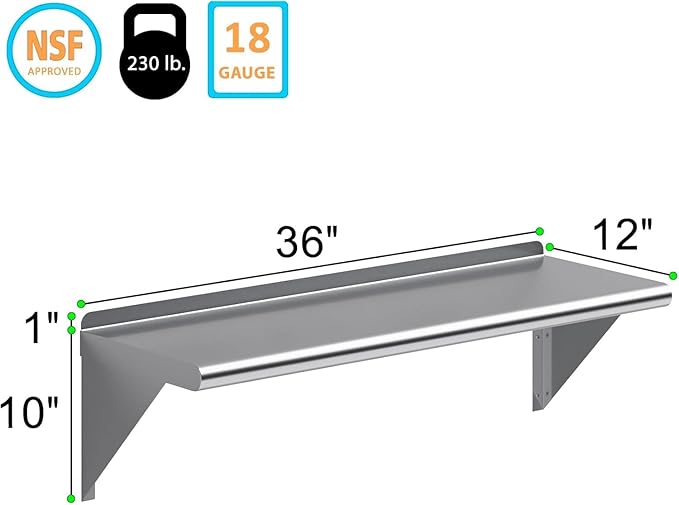 NSF Certified 18 Gauge Heavy Duty Stainless Steel Wall Shelf with Brackets for Kitchens, Utility Rooms, Storage, Offices & Home (36"x12")