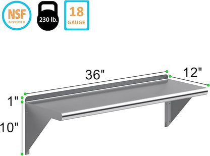 NSF Certified 18 Gauge Heavy Duty Stainless Steel Wall Shelf with Brackets for Kitchens, Utility Rooms, Storage, Offices & Home (36"x12")
