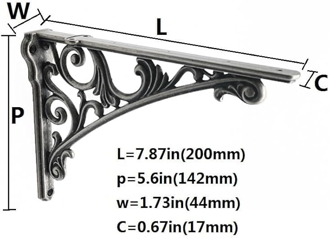 Decorative Shelf Bracket 8 inch, Rustic Antique Silver Brackets for Shelving, Heavy Duty Vintage, DIY Projects, Hardware Included, 4 Pack,7.87x5.6x1.73 inch,Baroque Style