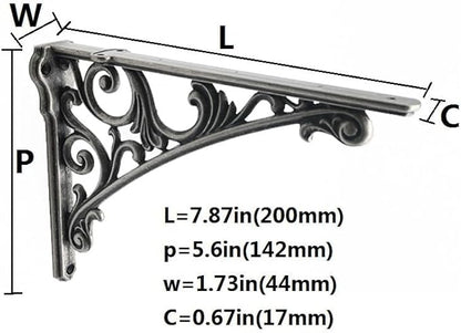 Decorative Shelf Bracket 8 inch, Rustic Antique Silver Brackets for Shelving, Heavy Duty Vintage, DIY Projects, Hardware Included, 4 Pack,7.87x5.6x1.73 inch,Baroque Style