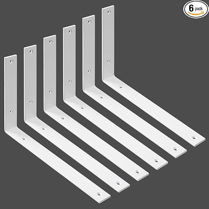 WINKER Shelf Bracket 6 Pack 12" Lx8 Hx1.5 W 5mm Thick Heavy Duty White 12 Inch Metal Iron L Brackets for Wall Shelves