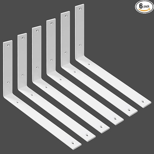 WINKER Shelf Bracket 6 Pack 12" Lx8 Hx1.5 W 5mm Thick Heavy Duty White 12 Inch Metal Iron L Brackets for Wall Shelves