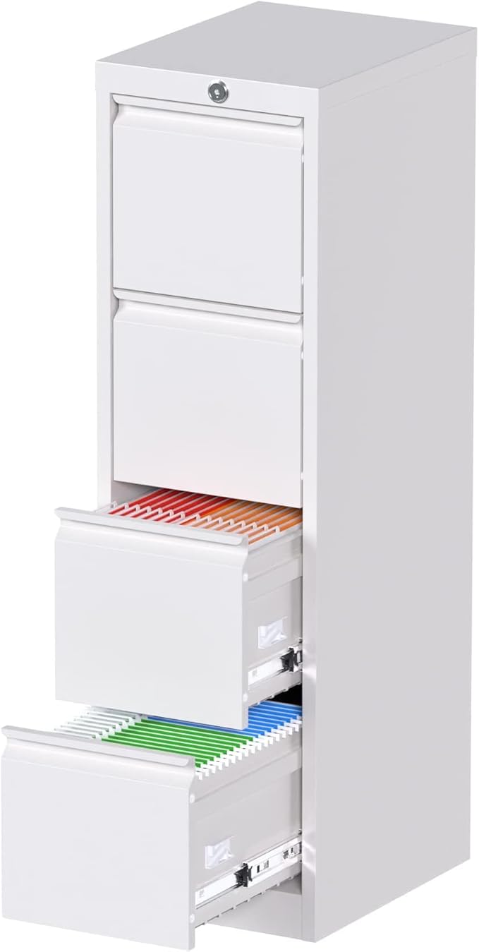 Metal Vertical File Cabinet with Lock,File Cabinet with 4 Drawer for Letter,Legal,F4,A4,14.96" W x 17.72" D x 52.36" H, Assembly Required,White