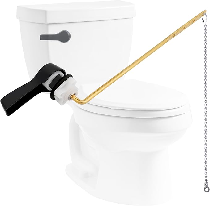 Hibbent Universal Front Mount Metal Toilet Handle Replacement Kit, Brass Toilet Tank Flush Lever with Stainless Steel Adjustable Flapper Chains for Most Toilets, Matte Black