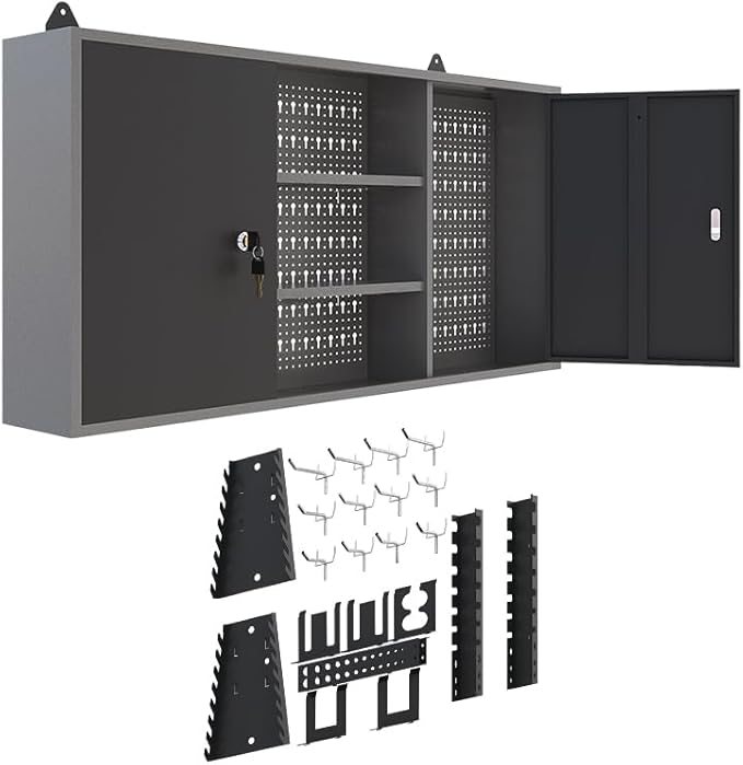 JZD Metal Wall Storage Cabinet with 22 Tool Hooks, for Garage Workshop Black & Grey